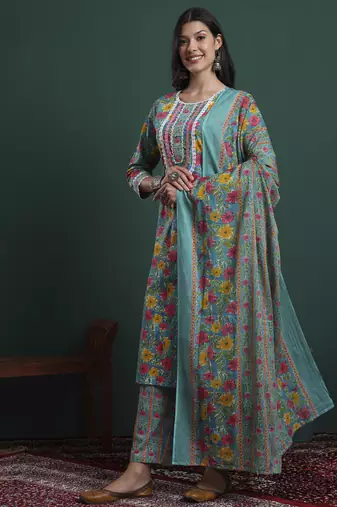 turquoise blue cotton floral print lace work kurta pants dupatta set