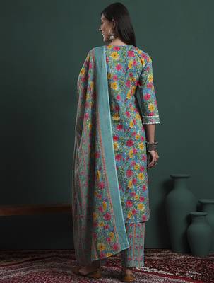 turquoise blue cotton floral print lace work kurta pants dupatta set 3