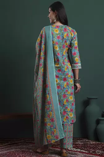 turquoise blue cotton floral print lace work kurta pants dupatta set