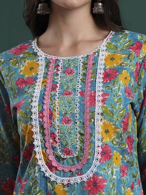 turquoise blue cotton floral print lace work kurta pants dupatta set 4