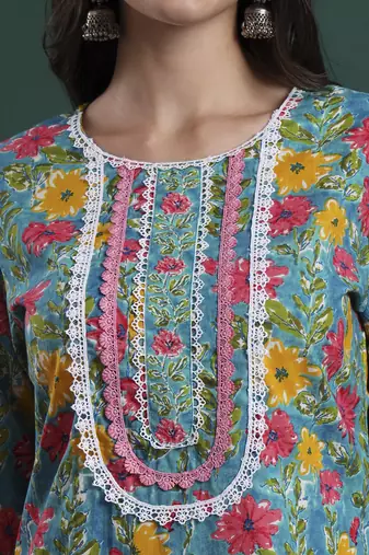 turquoise blue cotton floral print lace work kurta pants dupatta set