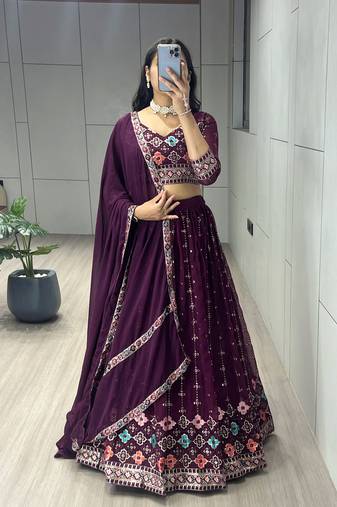 Wine Floral Printed Heavy Georgette Lehenga with All-Over Embroidery & Fully Stitched Blouse