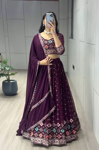 Wine Floral Printed Heavy Georgette Lehenga with All-Over Embroidery & Fully Stitched Blouse