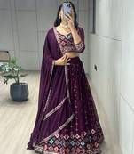 Wine Floral Printed Heavy Georgette Lehenga with All-Over Embroidery & Fully Stitched Blouse