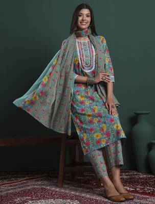 turquoise blue cotton floral print lace work kurta pants dupatta set 5