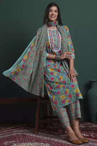 turquoise blue cotton floral print lace work kurta pants dupatta set