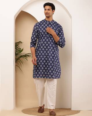 Men's navy polka dot viscose blend kurta for semi-formal wear 1