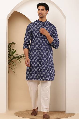 Men's navy polka dot viscose blend kurta for semi-formal wear