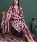 burgundy and grey cotton floral print lace work kurta pants dupatta set