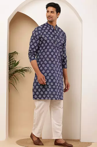 Men's navy polka dot viscose blend kurta for semi-formal wear