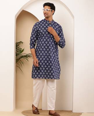 Men's navy polka dot viscose blend kurta for semi-formal wear 3