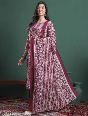 burgundy and grey cotton floral print lace work kurta pants dupatta set 2