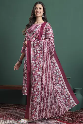 burgundy and grey cotton floral print lace work kurta pants dupatta set