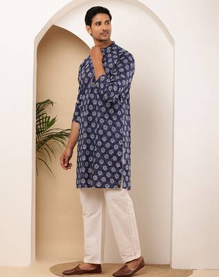 Men's navy polka dot viscose blend kurta for semi-formal wear 4