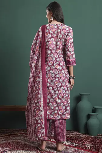 burgundy and grey cotton floral print lace work kurta pants dupatta set