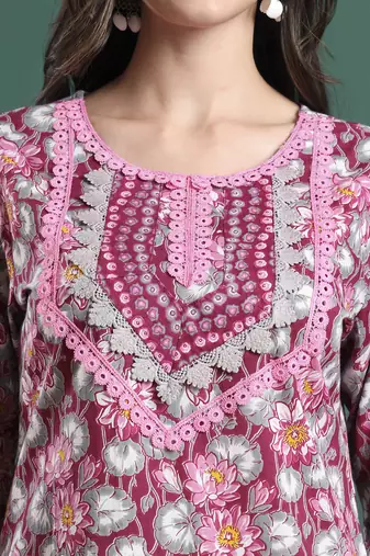 burgundy and grey cotton floral print lace work kurta pants dupatta set