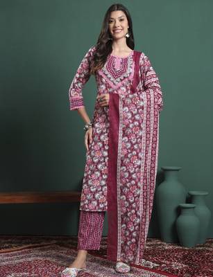 burgundy and grey cotton floral print lace work kurta pants dupatta set 5