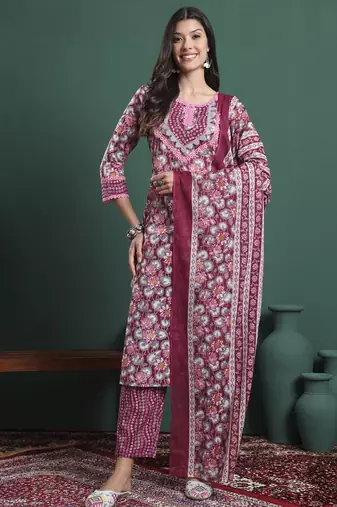 burgundy and grey cotton floral print lace work kurta pants dupatta set