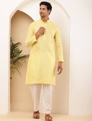 Men's light yellow viscose blend kurta with subtle shine 1