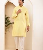 Men's light yellow viscose blend kurta with subtle shine
