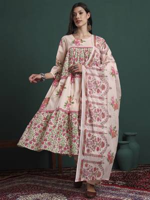 pink and cream cotton floral print lace work tiered kurta pants dupatta set 1