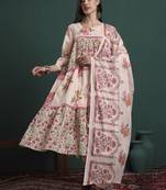 pink and cream cotton floral print lace work tiered kurta pants dupatta set
