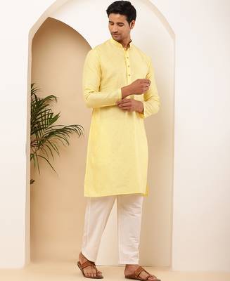 Men's light yellow viscose blend kurta with subtle shine 2