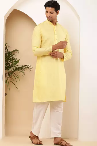 Men's light yellow viscose blend kurta with subtle shine