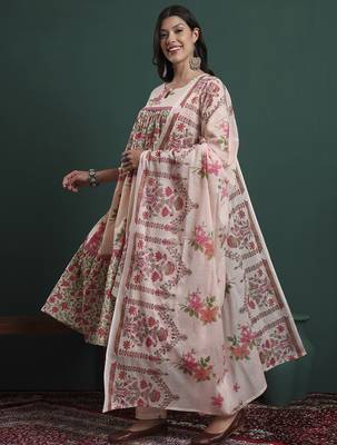 pink and cream cotton floral print lace work tiered kurta pants dupatta set 2