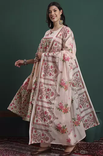 pink and cream cotton floral print lace work tiered kurta pants dupatta set