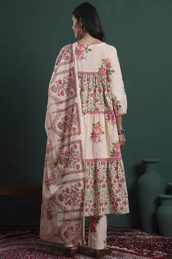 pink and cream cotton floral print lace work tiered kurta pants dupatta set