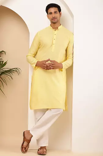Men's light yellow viscose blend kurta with subtle shine