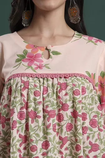 pink and cream cotton floral print lace work tiered kurta pants dupatta set