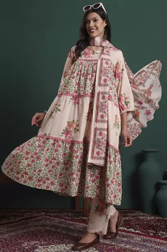 pink and cream cotton floral print lace work tiered kurta pants dupatta set