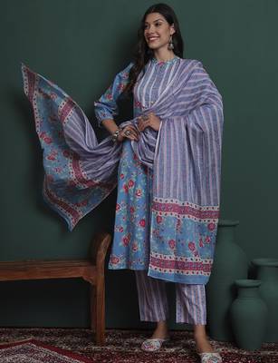turquoise blue cotton floral print sequins work kurta pants dupatta set 1
