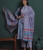 turquoise blue cotton floral print sequins work kurta pants dupatta set