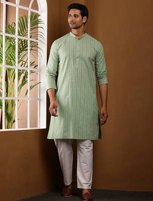 Men's green ikat printed cotton kurta with white pajama - festive ethnic wear set 1