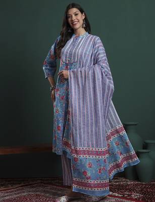 turquoise blue cotton floral print sequins work kurta pants dupatta set 2