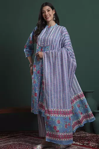turquoise blue cotton floral print sequins work kurta pants dupatta set
