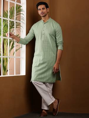 Men's green ikat printed cotton kurta with white pajama - festive ethnic wear set 2