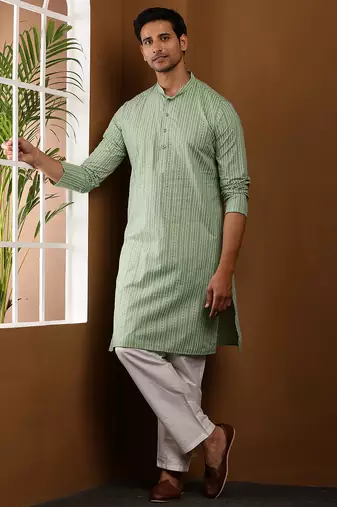 Men's green ikat printed cotton kurta with white pajama - festive ethnic wear set