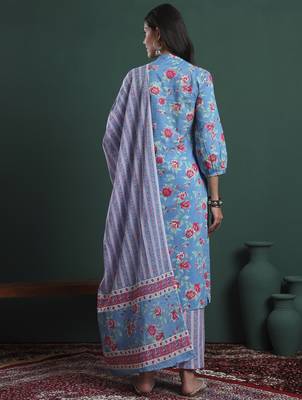 turquoise blue cotton floral print sequins work kurta pants dupatta set 3