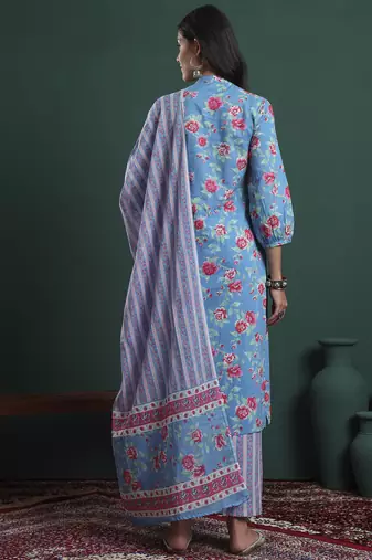 turquoise blue cotton floral print sequins work kurta pants dupatta set
