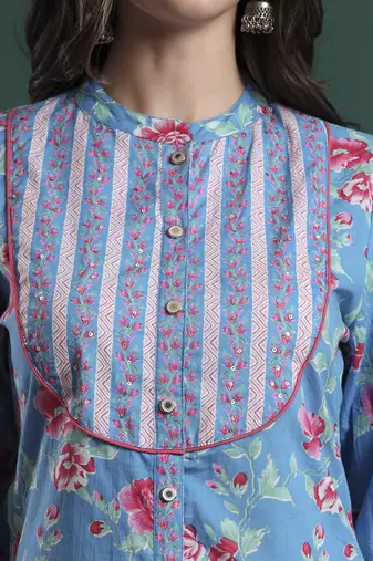 turquoise blue cotton floral print sequins work kurta pants dupatta set