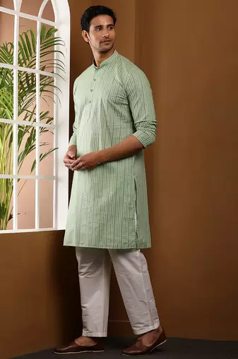 Men's green ikat printed cotton kurta with white pajama - festive ethnic wear set