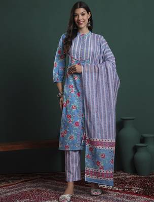 turquoise blue cotton floral print sequins work kurta pants dupatta set 5