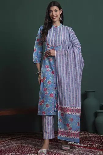turquoise blue cotton floral print sequins work kurta pants dupatta set
