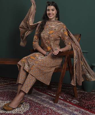 brown cotton floral print kantha work a-line kurta pants dupatta set 1