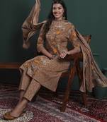 brown cotton floral print kantha work a-line kurta pants dupatta set