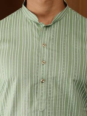 Men's green ikat printed cotton kurta with white pajama - festive ethnic wear set 4